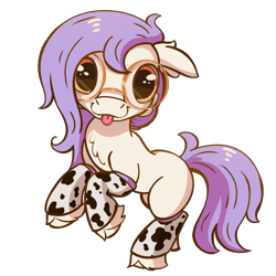 Size: 1200x1200 | Tagged: safe, artist:candy meow, oc, oc only, oc:mockery, earth pony, pony, 2024 community collab, derpibooru community collaboration, :p, amber eyes, bipedal, chest fluff, clothes, colt, cowprint, digital art, earth pony oc, floppy ears, foal, glasses, hoof fluff, leg warmers, looking at you, male, purple hair, purple mane, rearing, round glasses, simple background, smiling, solo, tail, tongue out, transparent background, white body, white coat, white fur
