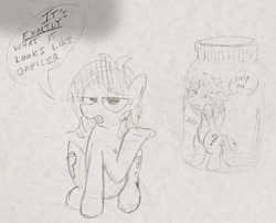 Size: 2142x1728 | Tagged: safe, artist:dhm, oc, oc:filly anon, pony, mare fair, /mlp/, bipedal, cursed, female, filly, jar, meme, monochrome, raised hoof, sitting, sketch, speech bubble, traditional art