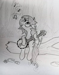 Size: 2810x3569 | Tagged: safe, artist:dhm, oc, oc:filly anon, pony, banjo, female, filly, high res, kermit the frog, monochrome, movie reference, music notes, musical instrument, singing, sketch, solo, swamp, the muppets, traditional art, wholesome