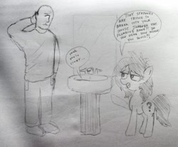 Size: 3556x2947 | Tagged: safe, artist:dhm, oc, oc:anon, oc:filly anon, pony, sea pony, annoyed, dialogue, drawthread, female, filly, high res, mirror, monochrome, pointing, shrug, sink, sketch, traditional art