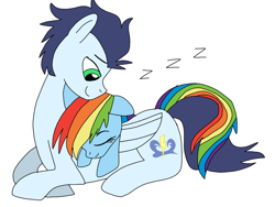 Size: 960x720 | Tagged: safe, artist:crisketch, artist:dasher666, edit, rainbow dash, soarin', pegasus, pony, g4, cuddling, duo, duo male and female, female, male, mare, ship:soarindash, shipping, simple background, sleeping, stallion, straight, white background