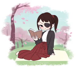 Size: 1866x1653 | Tagged: safe, artist:nopiko, oc, oc only, oc:ohasu, human, blanket, blushing, book, cardigan, cherry blossoms, clothes, commission, eyepatch, female, flower, flower blossom, humanized, humanized oc, japanese, ponytail, reading, shirt, sitting, skirt, socks, solo, tree, ych result