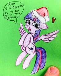 Size: 1595x2006 | Tagged: safe, artist:dhm, twilight sparkle, alicorn, pony, g4, /mlp/, /ss/, card, christmas, cute, flying, green background, hat, heart, holiday, looking at you, santa hat, secret santa, simple background, solo, speech bubble, text, traditional art, twilight sparkle (alicorn)
