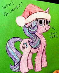 Size: 1595x1976 | Tagged: safe, artist:dhm, starlight glimmer, pony, g4, /mlp/, /ss/, boop, butt fluff, card, chest fluff, christmas, cute, green background, hat, holiday, looking at you, meme, santa hat, secret santa, simple background, solo, traditional art, wow! glimmer