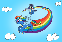 Size: 1040x720 | Tagged: safe, artist:bluepixieart, artist:dasher666, edit, rainbow dash, soarin', pegasus, pony, g4, clothes, female, male, ship:soarindash, shipping, straight, uniform, wonderbolts, wonderbolts uniform