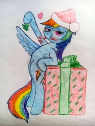 Size: 3120x4160 | Tagged: safe, artist:dhm, rainbow dash, pony, g4, /mlp/, /ss/, bedroom eyes, belly button, belly fluff, bipedal, candy, candy cane, card, christmas, cute, food, hat, heart, holiday, leaning back, looking at you, mistletoe, on hind legs, present, raised hoof, santa hat, secret santa, seductive, seductive look, sexy, solo, traditional art, wrapping paper