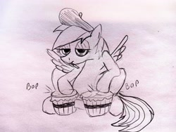 Size: 4160x3120 | Tagged: safe, artist:dhm, rainbow dash, pony, g4, beatnik, beatnik pony, beret, bongos, cigarette, eyeshadow, hat, looking at you, makeup, monochrome, musical instrument, sitting, sketch, solo, spread wings, text, traditional art, wings