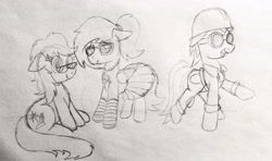 Size: 3320x1965 | Tagged: safe, artist:dhm, oc, oc:flame fireblast, oc:moonatik, oc:wonder waves, pony, derpibooru community collaboration, clothes, engineer, engineer (tf2), group picture, helmet, monochrome, overalls, raised hoof, shirt, sketch, skirt, socks, sunglasses, team fortress 2, traditional art, wip