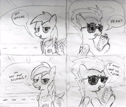 Size: 3235x2762 | Tagged: safe, artist:dhm, rainbow dash, spitfire, pony, g4, aviator sunglasses, bomber jacket, clipboard, clothes, comic, flight suit, food, gum, hangar, high res, jacket, monochrome, movie reference, pilot, sketch, speech bubble, sunglasses, text, the right stuff, traditional art