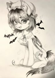 Size: 2604x3670 | Tagged: safe, artist:voh, bat, bat pony, pony, g4, :3, bonnet, brooch, crossover, detailed, female, folded wings, g4 style, high res, jewelry, looking sideways, remilia scarlet, sitting, solo, touhou, traditional art, wings