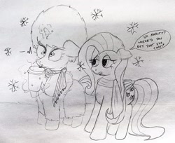 Size: 3273x2668 | Tagged: safe, artist:dhm, fluttershy, rarity, pony, g4, clothes, coffee, cold, concern, drink, duo, funny, fur coat, heartbeat, high res, monochrome, scarf, shocked, shocked eyes, sketch, snow, snowfall, snowflake, speech bubble, steam, text, traditional art, winter