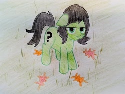 Size: 2980x2238 | Tagged: safe, artist:dhm, oc, oc only, oc:filly anon, pony, annoyed, drawthread, female, filly, grass, high res, leaves, looking at you, looking up, looking up at you, solo, traditional art