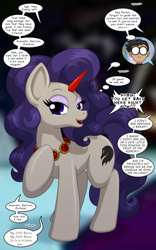 Size: 1250x2000 | Tagged: safe, artist:runningtoaster, human, pony, unicorn, ..., caught, dc comics, dialogue, eyeshadow, female, hobby, hoof on chest, human to pony, jewelry, makeup, mare, necklace, offscreen character, onomatopoeia, open mouth, open smile, ponified, post-transformation, raven (dc comics), requested art, robin (dc comics), secret, shocked, singing, smiling, solo, speech bubble, teen titans, thought bubble, transformation