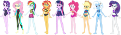 Size: 3961x1148 | Tagged: safe, artist:invisibleink, artist:tylerajohnson352, applejack, fluttershy, pinkie pie, rainbow dash, rarity, starlight glimmer, sunset shimmer, trixie, twilight sparkle, human, equestria girls, g4, applejack's beach shorts swimsuit, barefoot, belly button, bikini, bikini bottom, bikini top, blue bikini, clothes, cowboy hat, curvy, feet, female, fluttershy's wetsuit, hat, hourglass figure, humane five, humane seven, humane six, midriff, one-piece swimsuit, pink swimsuit, pinkie pie's beach shorts swimsuit, purple bikini, rainbow dash's beach shorts swimsuit, rarity's beach shorts swimsuit, rarity's purple bikini, sci-twi swimsuit, simple background, sunset shimmer's beach shorts swimsuit, swimsuit, transparent background, trixie's beach shorts swimsuit, two-piece swimsuit, wetsuit