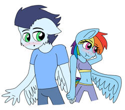 Size: 815x720 | Tagged: safe, artist:dasher666, artist:fluffyrainbowkitty, edit, rainbow dash, soarin', anthro, g4, female, male, ship:soarindash, shipping, simple background, straight, white background