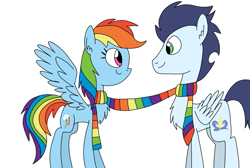 Size: 1071x720 | Tagged: safe, artist:dasher666, artist:mariethepony, edit, rainbow dash, soarin', pegasus, pony, g4, clothes, female, male, scarf, shared clothing, shared scarf, ship:soarindash, shipping, simple background, straight, striped scarf, white background