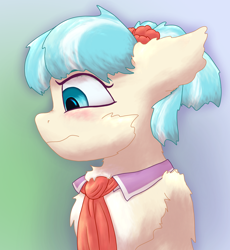 Size: 2208x2400 | Tagged: safe, artist:gosha305, coco pommel, earth pony, pony, g4, alternate hairstyle, blushing, bust, cheek fluff, chest fluff, clothes, cocobetes, cute, ear fluff, embarrassed, female, floppy ears, flower, fluffy, gradient background, high res, looking away, looking sideways, mare, necktie, nose wrinkle, pigtails, portrait, raised hoof, scrunchie, solo