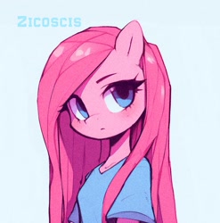 Size: 1024x1038 | Tagged: safe, artist:zicoscis, pinkie pie, earth pony, anthro, g4, breasts, clothes, cute, digital art, digital drawing, ears up, female, film grain, half body, looking at you, open mouth, pinkamena diane pie, shirt, simple background, small breasts, solo, t-shirt