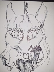 Size: 4624x3468 | Tagged: safe, artist:quizaro, queen chrysalis, g4, creepy, horn, mandibles, mawshot, open mouth, sharp teeth, sketch, solo, teeth, tongue out, traditional art