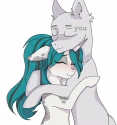 Size: 2845x3043 | Tagged: safe, artist:hysteriana, oc, oc:evening lake, earth pony, pony, unicorn, blue hair, blushing, cute, digital art, duo, duo male and female, ear fluff, eyebrows, eyes closed, eyeshadow, female, floppy ears, gray coat, high res, hooves, horn, hug, light skin, long hair, makeup, male, mare, patch, ponytail, simple background, smiling, spots, spotted, standing, sticker, stripes, two toned mane, white background, white coat, you