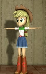 Size: 449x720 | Tagged: safe, artist:quillomanar, applejack, human, equestria girls, g4, 3d, applejack's skirt, arms, arms in the air, belt, boots, breasts, bust, button-up shirt, clothes, cowboy boots, cowboy hat, cowgirl, denim skirt, female, fingers, freckles, hand, hat, legs, long hair, ponytail, pose, shadow, shirt, shoes, short sleeves, skirt, source filmmaker, standing, stetson, t pose, teenager, wall