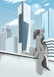 Size: 1200x1700 | Tagged: safe, artist:hovawant, oc, oc:hovawant, bat pony, pony, building, chest fluff, city, ear fluff, lens flare, skyscraper, solo