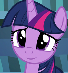 Size: 546x580 | Tagged: safe, edit, edited screencap, editor:twilyisbestpone, screencap, twilight sparkle, alicorn, pony, a rockhoof and a hard place, g4, season 8, bookshelf, bust, cropped, cute, female, inverted mouth, lidded eyes, looking at you, mare, smiling, smiling at you, solo, twiabetes, twilight sparkle (alicorn)