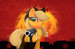 Size: 4096x2651 | Tagged: safe, artist:lbrcloud, applejack, earth pony, pony, g4, female, gun, hair over one eye, handgun, high res, hoof hold, looking at you, mare, red dead redemption, revolver, solo
