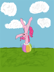 Size: 3120x4160 | Tagged: safe, artist:psychotix, artist:thatmlpartist, color edit, edit, editor:bazza, editor:zestymf, pinkie pie, earth pony, pony, g4, balance, balancing, beach ball, colored, emanata, eyes closed, featureless crotch, happy, paint tool sai, pinkie being pinkie, raised hooves, scenery, smiling, upside down