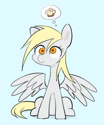 Size: 1964x2365 | Tagged: safe, artist:noupu, derpy hooves, pegasus, pony, g4, cute, derpabetes, female, food, high res, light blue background, mare, muffin, simple background, sitting, smiling, solo, spread wings, that pony sure does love muffins, the inner machinations of my mind are an enigma, thought bubble, wings