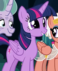 Size: 855x1037 | Tagged: safe, screencap, mistmane, somnambula, twilight sparkle, alicorn, pegasus, pony, unicorn, g4, season 7, shadow play, cropped, cute, excited, female, happy, mare, smiling, twiabetes, twilight sparkle (alicorn)