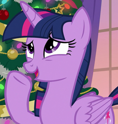 Size: 980x1035 | Tagged: safe, screencap, twilight sparkle, alicorn, pony, g4, season 8, the hearth's warming club, christmas, christmas tree, cropped, cute, female, folded wings, hearth's warming eve, holiday, horn, mare, pointing, solo, tree, twiabetes, twilight sparkle (alicorn), wings