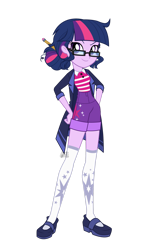 Size: 1280x2048 | Tagged: safe, artist:jack-pie, sci-twi, twilight sparkle, human, equestria girls, g4, bangs, buttons, clothes, denim, denim shorts, female, glasses, hair bun, hand on hip, jacket, long sleeves, pants, shirt, shoes, shorts, simple background, smiling, smug, socks, solo, thigh highs, thigh socks, transparent background
