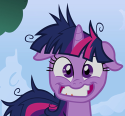 Size: 1162x1079 | Tagged: safe, screencap, twilight sparkle, pony, unicorn, g4, lesson zero, season 2, adoracreepy, cloud, crazy face, creepy, cropped, cute, faic, female, floppy ears, insanity, looking at you, mare, messy mane, offscreen character, pov, sky, staring into your soul, tree, twilight snapple