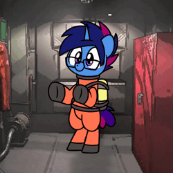 Size: 600x600 | Tagged: safe, artist:sugar morning, oc, oc:marquis majordome, pony, unicorn, g4, air tank, animated, bipedal, clothes, dancing, gif, glasses, harness, hazmat suit, lethal company, shoes, solo