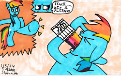 Size: 5390x3391 | Tagged: safe, artist:teh-supar-arter, rainbow dash, pegasus, pony, g4, alcoholism, bipedal, chugging, dialogue, drink, drinking, eyes closed, female, kicking, mare, marker drawing, signature, solo, speech bubble, standing, traditional art