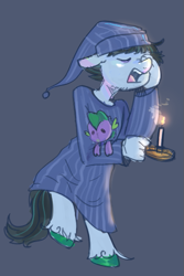 Size: 463x693 | Tagged: safe, artist:kreeeeeez, spike, oc, oc only, oc:drowsy geode, anthro, unguligrade anthro, g4, blue background, candle, clothes, eyes closed, hand, hat, nightcap, pajamas, plushie, simple background, solo, spike plushie, yawn