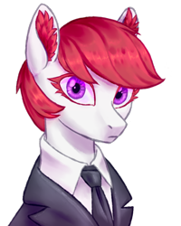 Size: 1200x1500 | Tagged: safe, artist:mr.catfish, oc, oc:rusty key, earth pony, eaw redux, equestria at war mod, clothes, ear fluff, female, jacket, light skin, looking at you, necktie, purple eyes, red mane, shirt, simple background, solo, transparent background