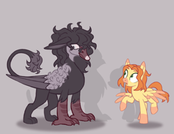 Size: 1300x1000 | Tagged: safe, artist:mr.catfish, oc, oc:jan, oc:michael pegasus, bird, griffon, pegasus, pony, swan, black mane, curly hair, curly tail, duo, eared griffon, ears, ears back, gray eyes, green eyes, height difference, male, red mane, reference sheet, simple background, size comparison, tail, yellow coat