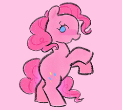 Size: 762x688 | Tagged: safe, artist:shugrcube, pinkie pie, earth pony, pony, g4, bipedal, female, mare, pink background, rearing, simple background, solo