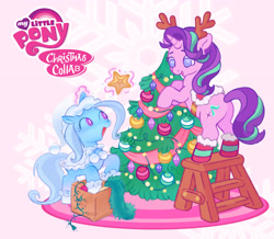 Size: 3739x3260 | Tagged: safe, artist:ponopyyy, artist:shugrcube, starlight glimmer, trixie, pony, unicorn, g4, antlers, bipedal, christmas, christmas tree, collaboration, decorating, duo, female, heart, heart eyes, high res, holiday, levitation, looking at each other, looking at someone, magic, mare, my little pony logo, open mouth, open smile, reindeer antlers, saddle, smiling, smiling at each other, snow, snowflake, tack, telekinesis, tree, tree topper, wingding eyes