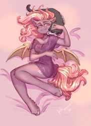 Size: 1920x2651 | Tagged: safe, artist:fukudka, oc, oc:yv heartkey, bat pony, cat, anthro, unguligrade anthro, bat pony oc, clothes, cuddling, cute, cute little fangs, dress, fangs, lying down, see-through, smiling, spread wings, wings