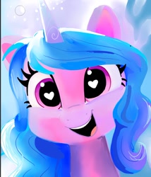 Size: 1028x1200 | Tagged: safe, artist:swirlmlp69768, izzy moonbow, pony, unicorn, g5, :d, bust, cute, female, happy, heart, heart eyes, hi new friend, izzybetes, mare, open mouth, open smile, portrait, smiling, solo, subsurface scattering, wingding eyes