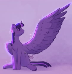Size: 3845x3952 | Tagged: safe, artist:romajuro, twilight sparkle, alicorn, pony, g4, belly, female, gradient background, high res, large wings, mare, one wing out, purple, signature, solo, turned head, twilight sparkle (alicorn), wings
