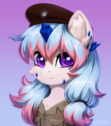 Size: 1400x1600 | Tagged: safe, artist:inowiseei, oc, oc only, pony, broken horn, chest fluff, clothes, colored pupils, crystal gore, crystal horn, ear fluff, female, gradient background, half body, horn, looking at you, mare, solo, two toned mane