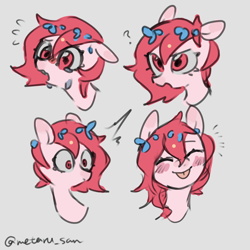 Size: 4096x4096 | Tagged: safe, artist:metaruscarlet, oc, oc only, oc:metaru scarlet, pegasus, pony, crying, eyes closed, face, flower, flower in hair, gray background, open mouth, pegasus oc, practice drawing, question mark, simple background, surprised, sweat