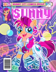 Size: 856x1100 | Tagged: safe, artist:pixelkitties, princess celestia, sunny starscout, alicorn, earth pony, pony, g4, g5, my little pony: tell your tale, clothes, crossover, dazzler, disco, female, mare, marvel comics, outline, roller skates, skates, solo focus, white outline