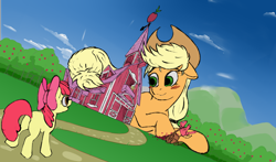 Size: 10000x5868 | Tagged: safe, artist:depanovv, apple bloom, applejack, big macintosh, granny smith, earth pony, pony, g4, absurd resolution, apple, apple family, blank flank, bloom butt, blushing, butt, cowboy hat, ears back, female, filly, foal, food, giant pony, giantess, grass, green eyes, hat, lying, macro, male, mare, plot, size difference, smiling, stallion, stetson, sweet apple acres