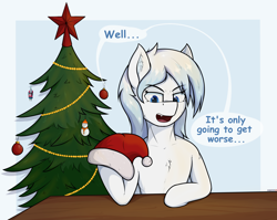 Size: 3400x2700 | Tagged: safe, artist:marusya, oc, oc only, oc:snowhors, earth pony, pony, christmas, christmas tree, ear fluff, hat, high res, holiday, santa hat, simple background, solo, speech bubble, sternocleidomastoid, talking, tree