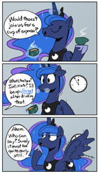 Size: 1706x3004 | Tagged: safe, artist:icey, princess luna, alicorn, pony, g4, clock, coffee, comic, dialogue, espresso, female, heavy breathing, misspelling, offscreen character, princess of the night, solo focus, that pony sure does love coffee